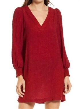NWT Steve Madden Red V-Neck Long Sleeve Smocked Cuff Dress Size Small